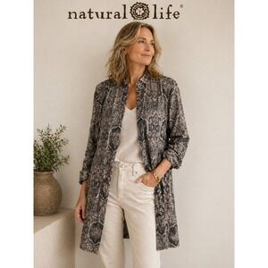 Chico's Paisley Long Jacket Blazer Size 2 Boho Beaded Open Front
